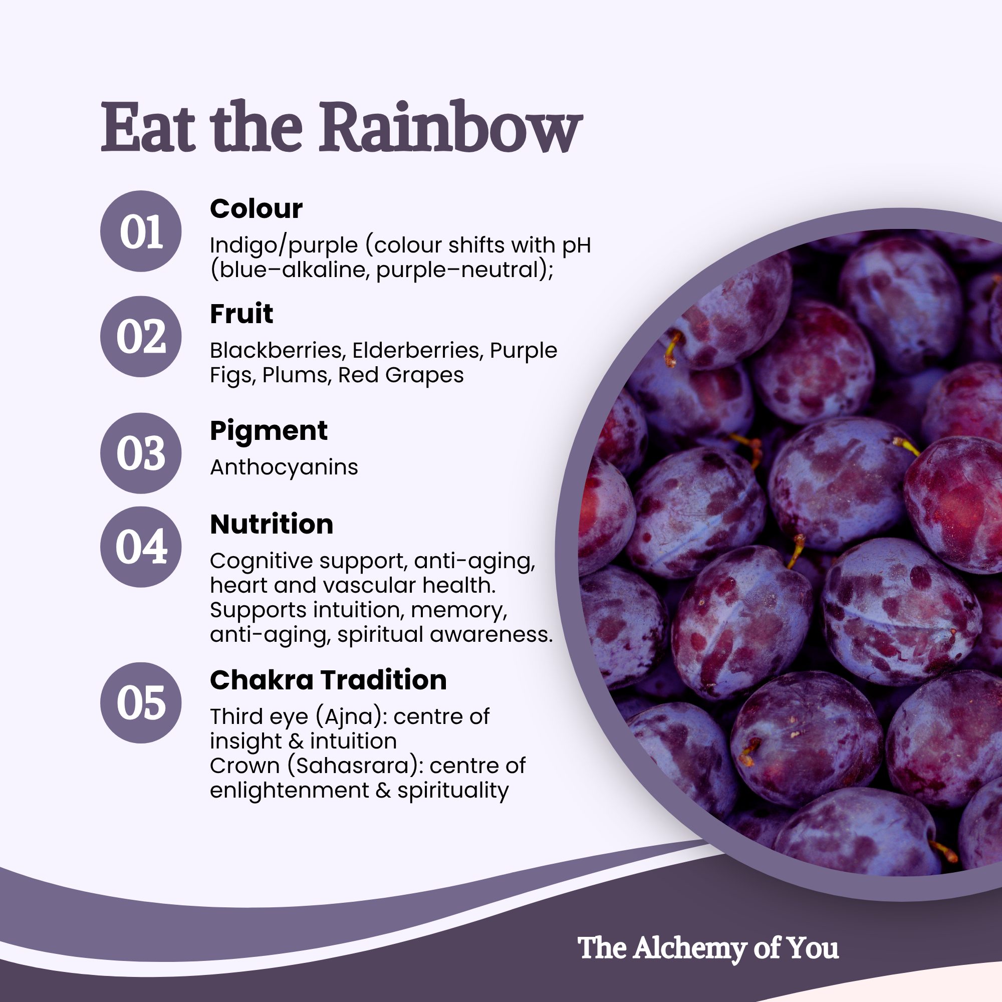 Eat the Rainbow - indigo and purple fruits: blackberries, elderberries, purple figs, plums and dark grapes; pigment: anthocyanins; chakras: third eye (Ajna) and crown (Sahasrara)