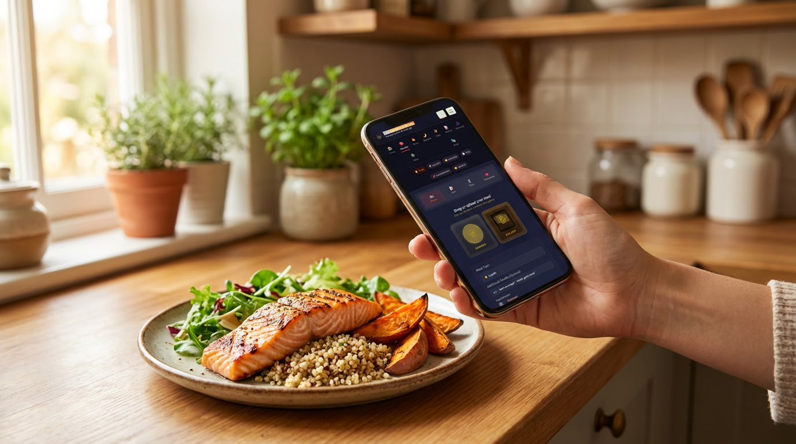 Hand holding The Alchemy of You wellness app over a healthy meal of salmon, quinoa and vegetables