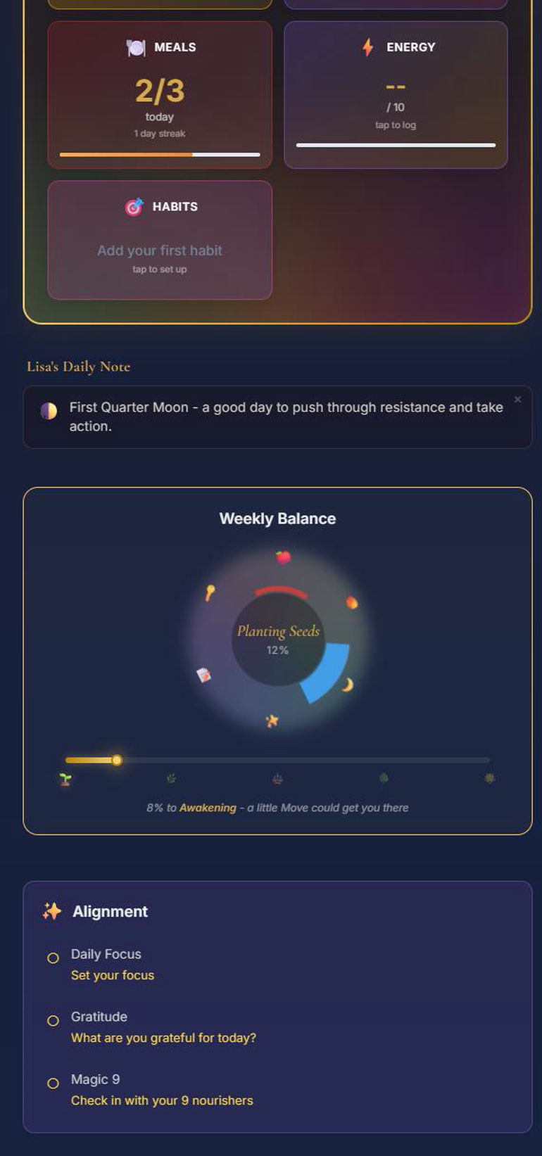The Alchemy of You app – Weekly Balance wheel, daily trackers and Lisa's Daily Note