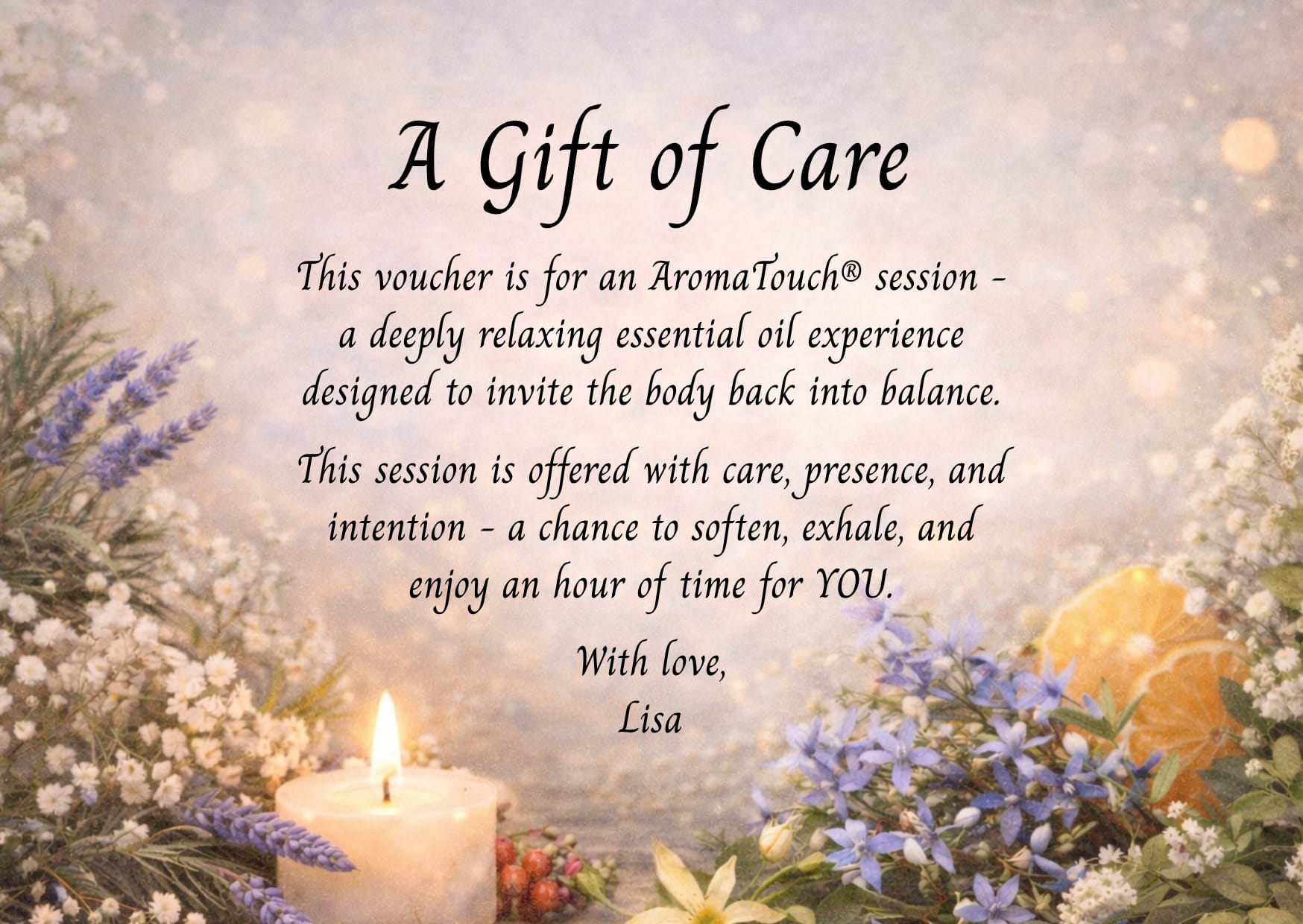 A Gift of Care voucher for an AromaTouch session, softly illustrated with lavender, candle and flowers