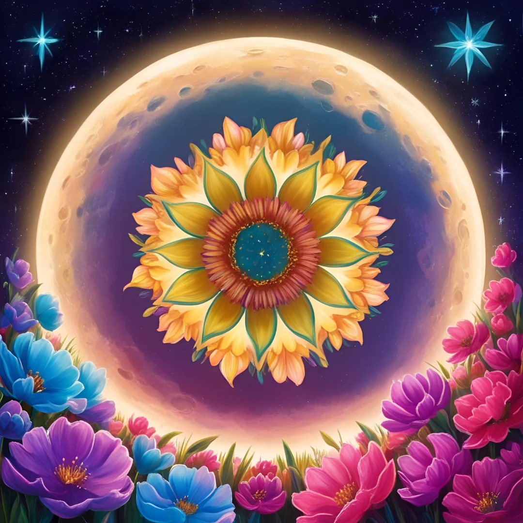 A glowing full Flower Moon with a sunflower mandala at its centre, surrounded by blossoms and stars